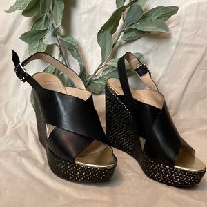 BCBG Black and Gold Wedges